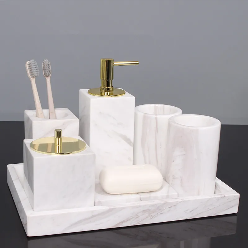 Marble Bathroom Accessories Set Soap Dispensers/Dishes Toothbrush Holder & Gargle Cups Tissue/Cotton Swab Box Tray Wedding Gifts