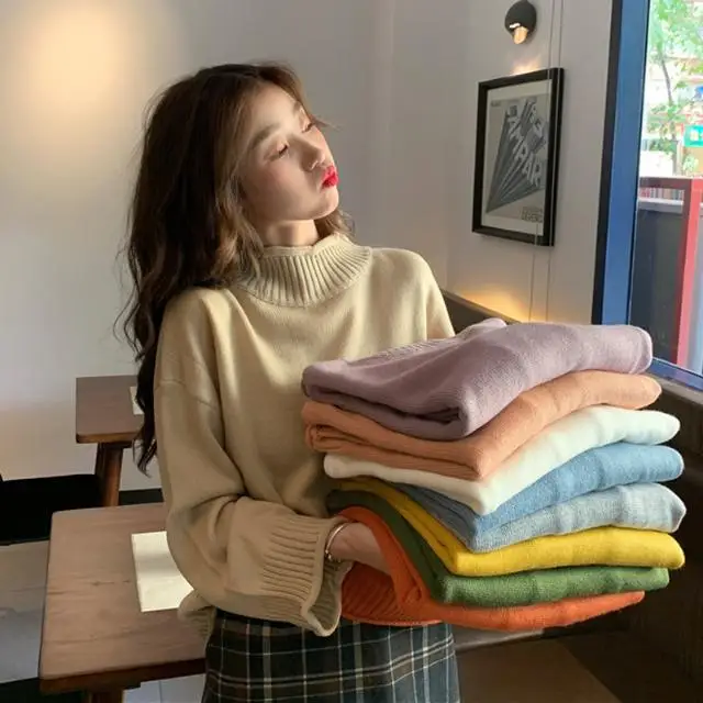 

Sweater women wear 2020 new loose and lazy half high collar Knitted Top in autumn and winter