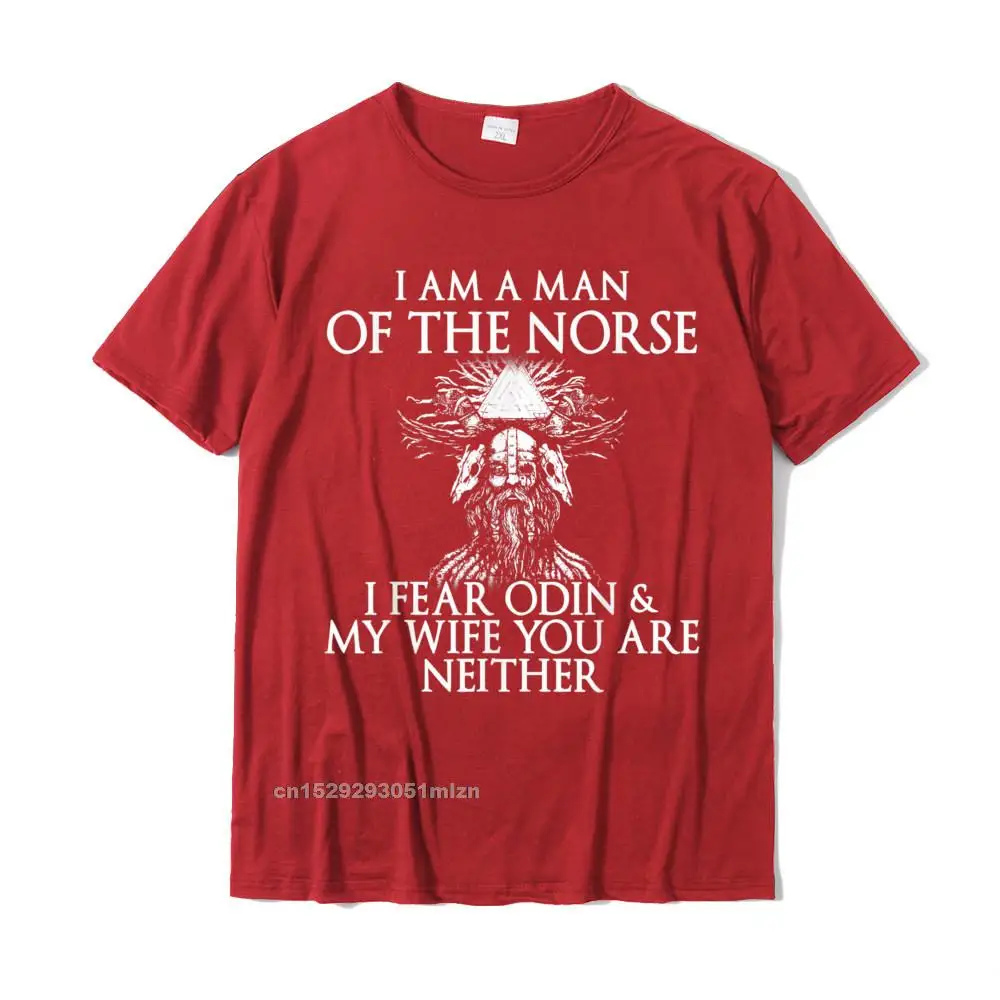 Custom Men's Fitted Funny Tops Tees O-Neck ostern Day 100% Cotton T-Shirt Funny Short Sleeve T Shirt Top Quality Mens Im a Man of The Norse I fear Odin My Wife T Shirt__4348 red