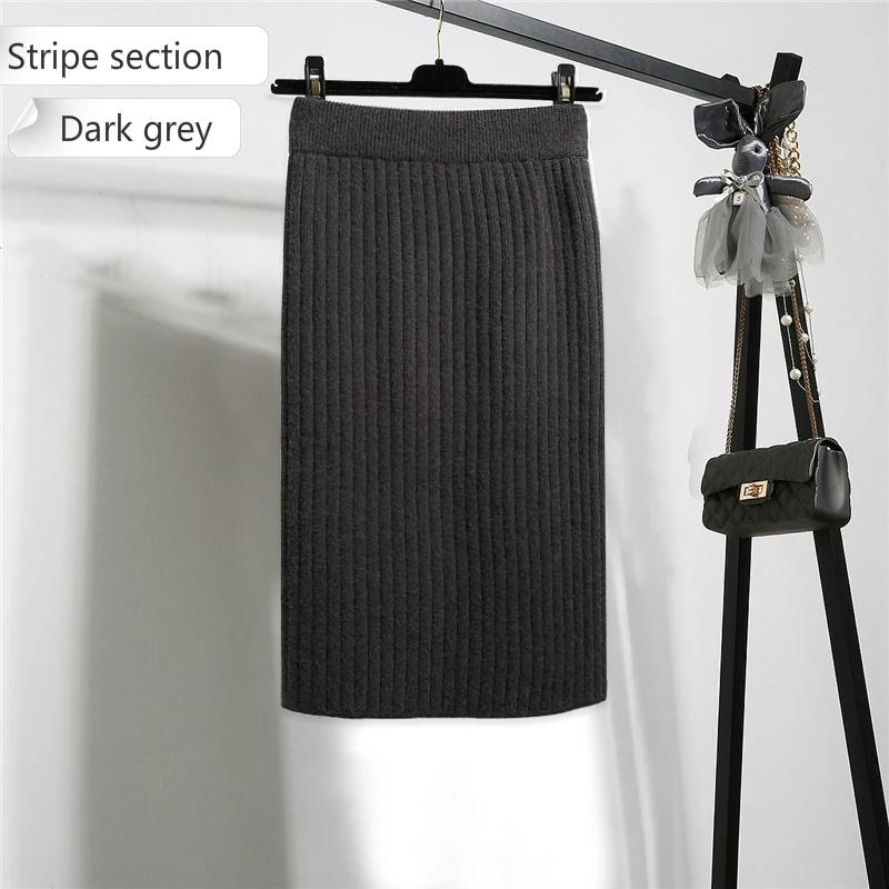 Dark grey stripe Осенняя и зимняя юбка средней длины с высокой талией, облегающая нижняя часть, открытая бедра и вязанная одношаговая юбка, Женская юбка-бандаж - Цвет: Dark grey stripe