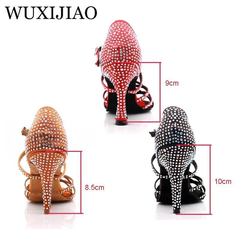WUXIJIAO women's Latin dance shoes color satin sequins rhinestones Cuban high heels 9cm