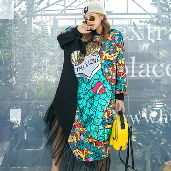 

Women Autumn Plus Size Dress Long Sleeve Vestidos Sequined Mermaid Casual Loose Party Dresses Mesh Patchwork Vestidos SA237S30