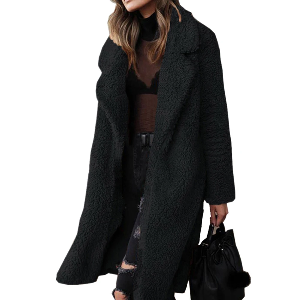 Женское пальто, зимнее, утолщенное, плюшевое, с отворотом, одноцветное, длинный рукав, теплый кардиган, средней длины, пальто, полиэфирное волокно/спандекс, Женское пальто