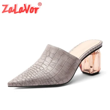 

ZALAVOR Plus Size 34-45 Stone Pattern Women Sandals Slip On Pointed Toe Shoes Women Thick Heel Slippers Leather Ladies Footwear