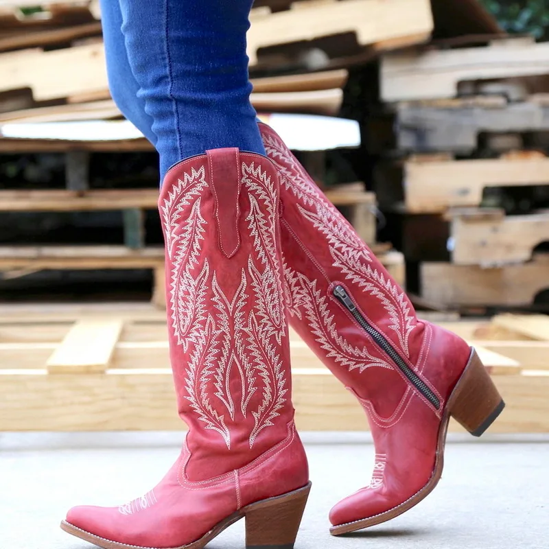 Litthing женские ковбойские ботинки осенне-зимняя женская обувь на высоком каблуке в стиле ретро с тотемным носком на молнии женские кожаные сапоги до колена из коллекции года