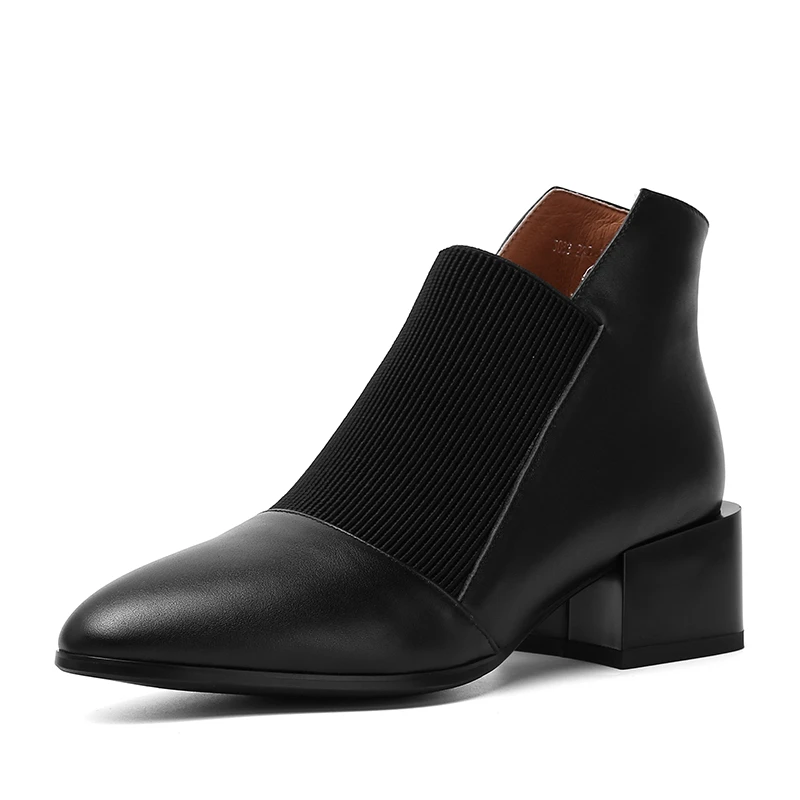 

COOLULU Chelsea Boots Solid Classic Oxford Pointed Toe Slip on Soft Genuine Leather Spring Shoes Concise Black Ankle Boots