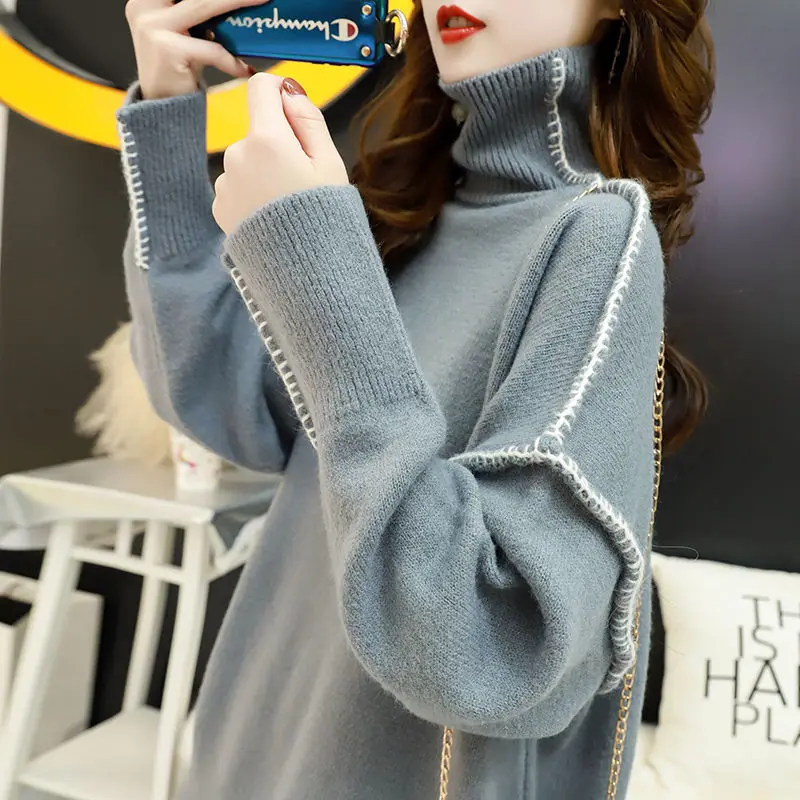 Зимний свитер женский новый с высоким воротом Свободный корейский стиль ленивый