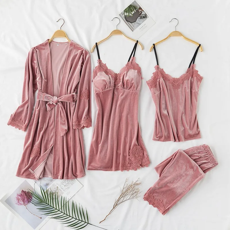 

4 Pieces (Robe+Pants+Camisole+Nightgown)Women Robe pajamas Set Autumn&Winter New Velour Sleepwear Nightwear Badgown Homewear