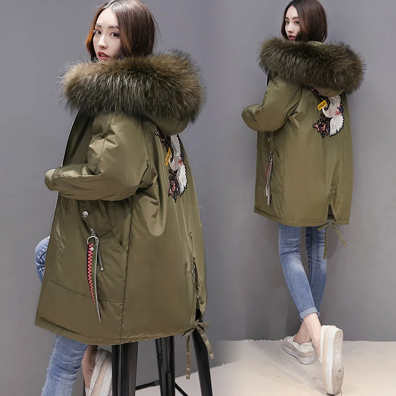 

Harajuku Winter Coat Women's 2017 New Style Mid-length Loose-Fit Embroidered Hooded College Style Thick Cotton-padded Clothes Wo