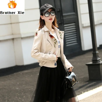 

2020 New Women Faux Leather Jacket Embroidery Motorcycle Black Punk Jacket Coat Rivet Zipper Female Faux Jacket Outerwear
