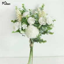 Meldel – Bouquet de roses artificielles en soie, fleurs porte-bonheur, décor de mariage à domicile, Bouquet de mariée, Eucalyptus de Style forêt