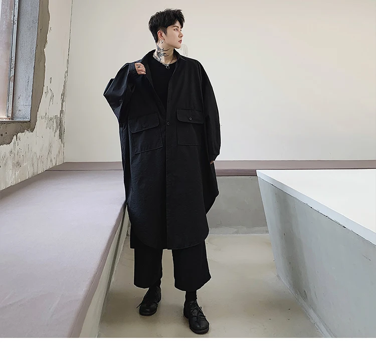 Для мужчин с длинным рукавом безразмерная Свободная Повседневная рубашка платье длинный рукав пальто мужской уличная одежда в стиле «хип-хоп», в готическом стиле с длинным Стиль рубашки Япония Халат