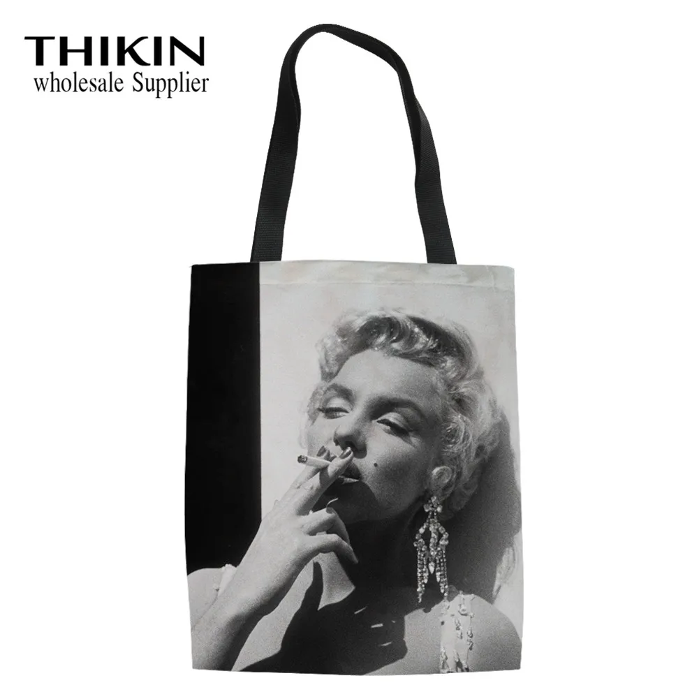 as picture THIKIN 3D Marilyn Monroe Printing Women's Reusable Foldable Shoulder Bag Female Cotton Beach Bag Girls Fashion School Book Bag - Цвет: as picture