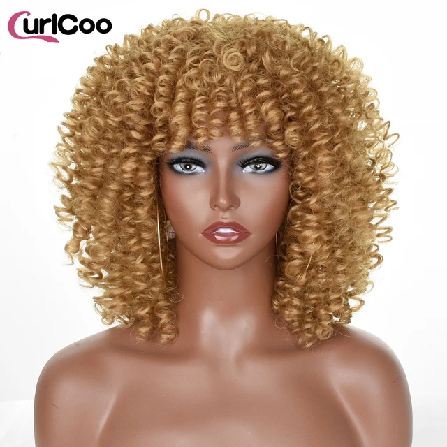 Short Afro Kinky Curly Wigs With Bangs For Black Women Synthetic Ombre Natural Heat Resistant Hair Brown Cosplay Highlight Wigs #27