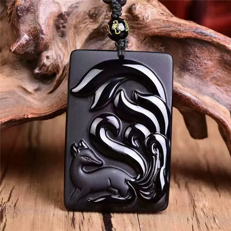 

Drop Shipping Natural Stone Pendant Black Nine Taile Fox Lucky Blessing Amulet Pendant Necklace Carved Handwork Crystal Jewelry