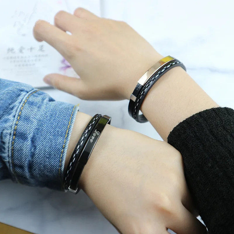 Модные ювелирные изделия Плетеный черный кожаный браслет персонализированные любовь ID тег браслет из нержавеющей стали магнитные застежки мужские наручные подарок