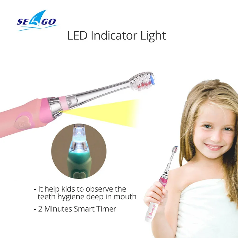 Seago Kid's Sonic Electric Toothbrush Battery Powered Colorful LED Smart Timer Tooth Brush Replaceable Dupont Brush Heads SG EK6