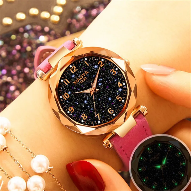 Новые женские часы Роскошные романтические светящиеся звездное небо наручные часы красные кожаные часы relogio feminino zegarek damski