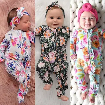 

2Pcs Newborn Baby Girls romper 0-6M Footies Floral Print Long Sleeve Ruffles Single Breasted Playsuit Headband Clothes Outfits