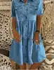 Women Summer Short Sleeve Denim Dresses Button Pockets Jeans Knee Length Dress Ladies Casual A-line Dresses ► Photo 3/4
