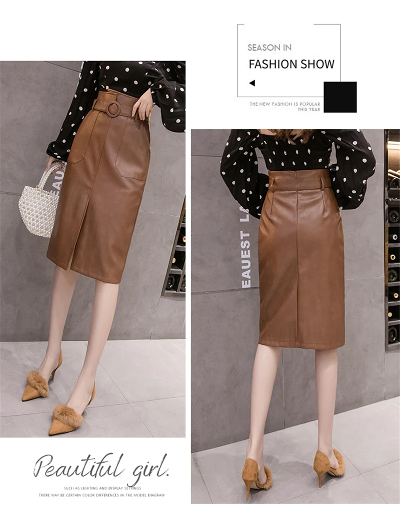 BGTEEVER Winter High Waist PU Leather Skirts Women Sashes Belted Pockets Faux Leather Female Skirts faldas jupe femme