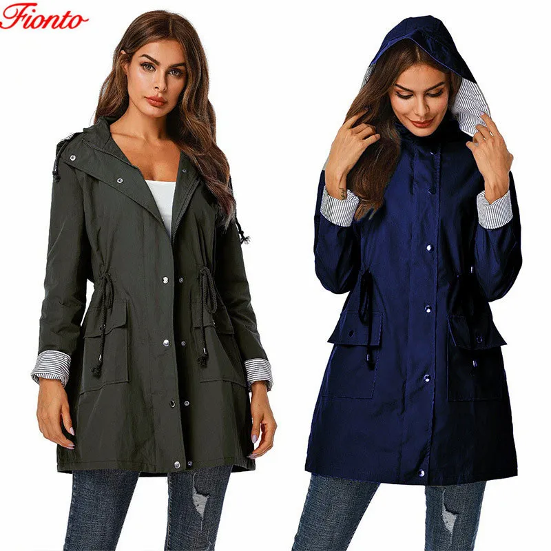 

Women Solid Color Jacket Outdoor Hooded Waterproof Long Coat Overcoat Windbreaker Belt Plus Size Outerwear Harajuku ZF11116