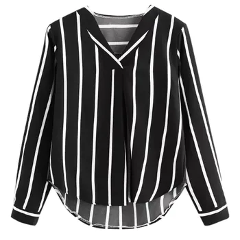 

Print Turn-down Collar Women Shirt Casual Autumn Long Sleeve V Neck Irregular Stripe Blouse blusas mujer de moda 2019 vadim 30