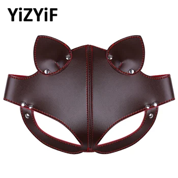 

Unisex Fox Mask PU Leather Half Eyes Face Masks Fox Face Masks with Ears Blindfold Eye Cover Flirting Cosplay Costume Accessory