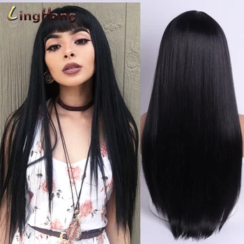 

LingHang Long Straight Wig With Bangs Blonde Wigs Synthetic Hair with Wig for Women Black Brown Heat Resistant Wig