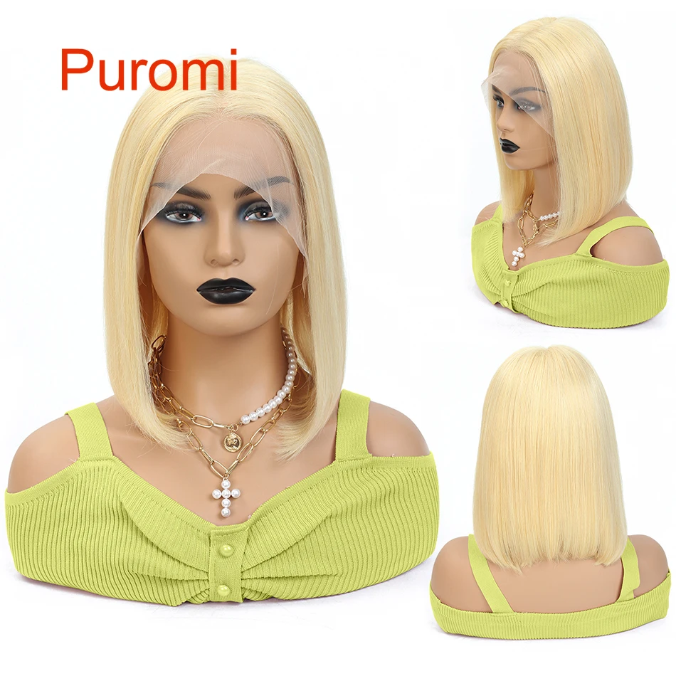 

Puromi Lace Front Human Hair Wig Brazilian 613 Blonde Short Bob Wigs 8 - 16 Inch 13x4 Lace Front Wig Hand Tied Lace For Women