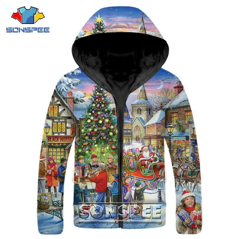 SONSPEE Christmas Tree Santa Claus Parkas Print Gingerbread Christmas Stocking Down Jacket Winter Keep Warm Thick Hip Hop Coats