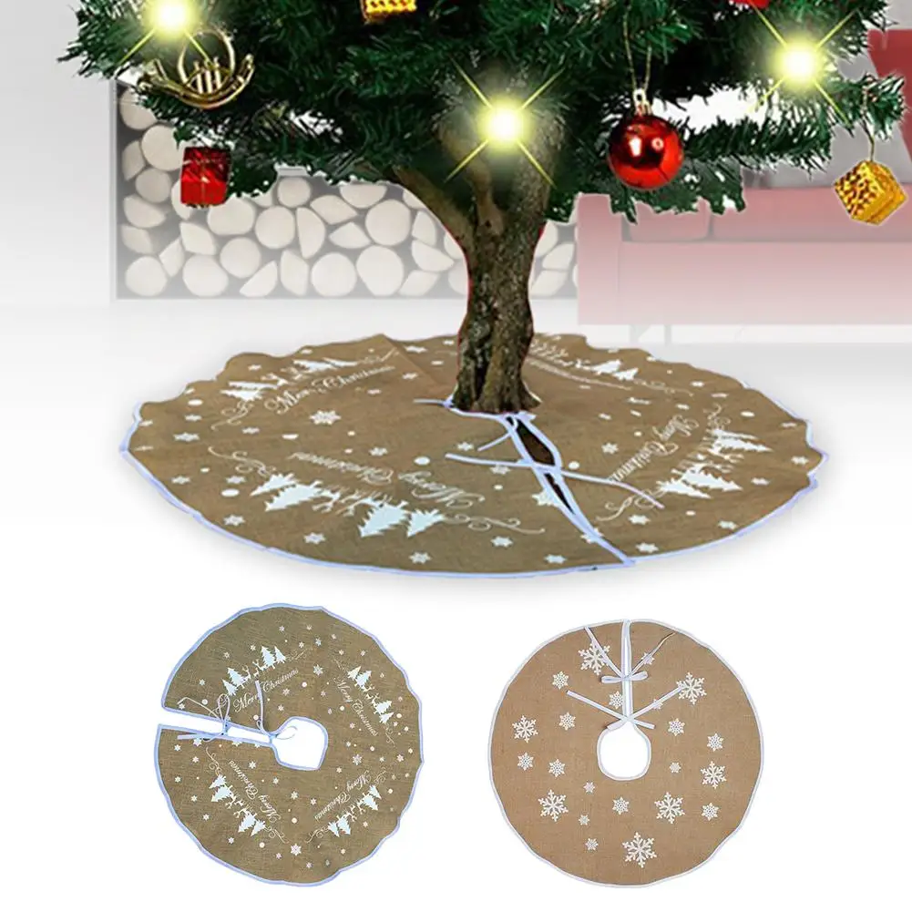 Christmas Tree Skirt Yellow Linen White Snowflake Tree Skirt for Party Decoration