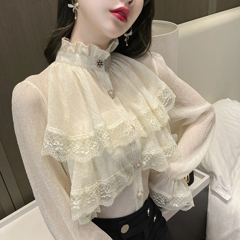 

Office Work Blouse Stand Collar Lantern Sleeve Medieval Victorian Top Gothic Lolita Blouse Vintage Luxurious Lady Chiffon Shirts
