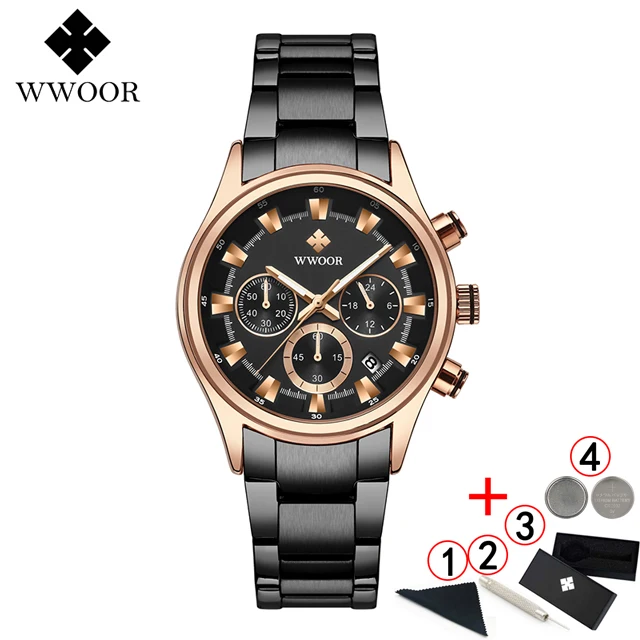 rose gold black box Мужские часы лучший бренд класса люкс WWOOR золотые черные часы мужские Новые водонепроницаемые Хронограф Золотые мужские наручные часы мужские - Цвет: rose gold black box