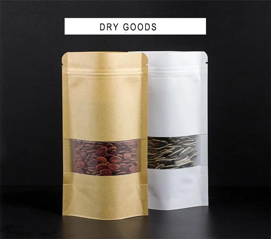 50pcs Reusable Kraft Paper Bag with Frosted Window Stand Up Pouches Food Packaging Bag Ziplock Bag with Tear Notch