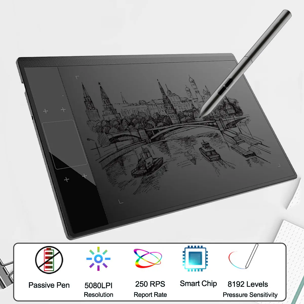 Graphics Drawing Tablet A30 for Illustrator 10x6 inches Large Active Area Digital Drawing Pad with 8192 Levels Passive Pen