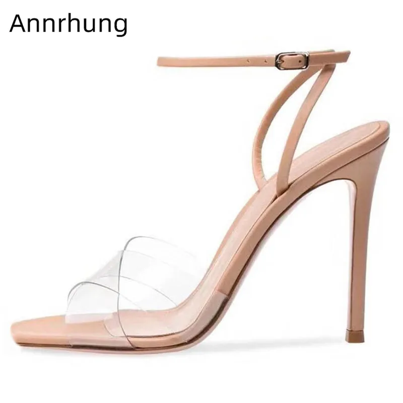 

Clear PVC Strap Crossover Sandals Women Summer Shoes Sexy Open Toe Thin High Heels Ankle Buckle Stage Shoes Gladiator Sandalias