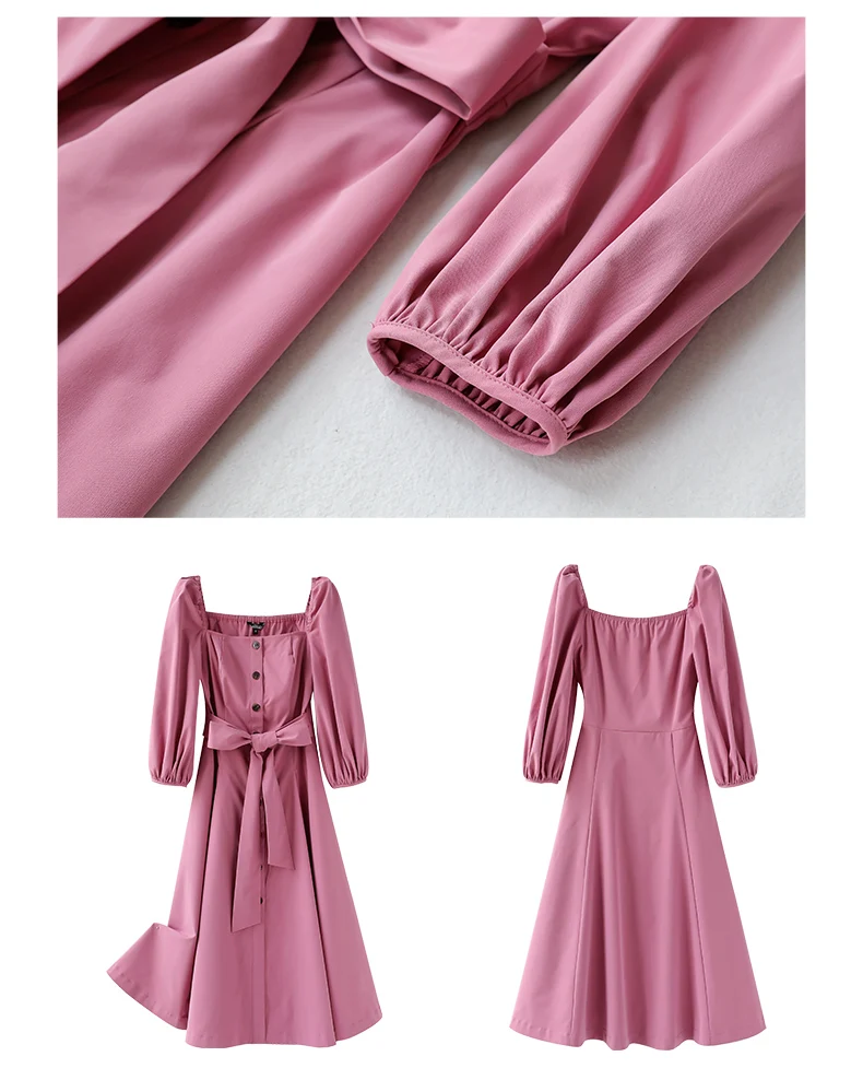 Dabuwawa элегантное винтажное женское платье Ранняя осень пышные рукава квадратная горловина оборки розовые платья повседневные Длинные платья DN1CDR053