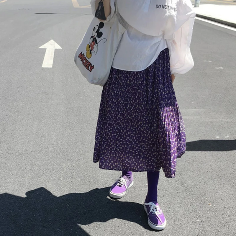 SHENGPALAE, новинка, модная Осенняя фиолетовая юбка с цветочным рисунком и высокой талией, женская Свободная Повседневная Корейская версия, FV229