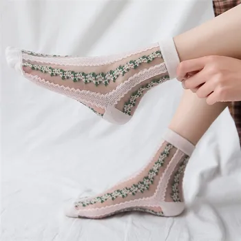

College Style Flowers Ultrathin Short Sock Pure Color Lace National Wind Women Socks Spring Summer Transparent Crystal Silk Sock