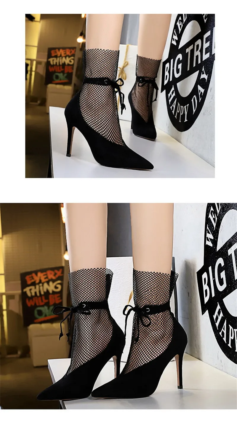 Sexy Pointed Toe V-Mouth Stilettos Mesh Hollow Skinny Lady Ankle Boot Thin High Heels Spring Summer 2020 New Pumps Shoes Woman (3)
