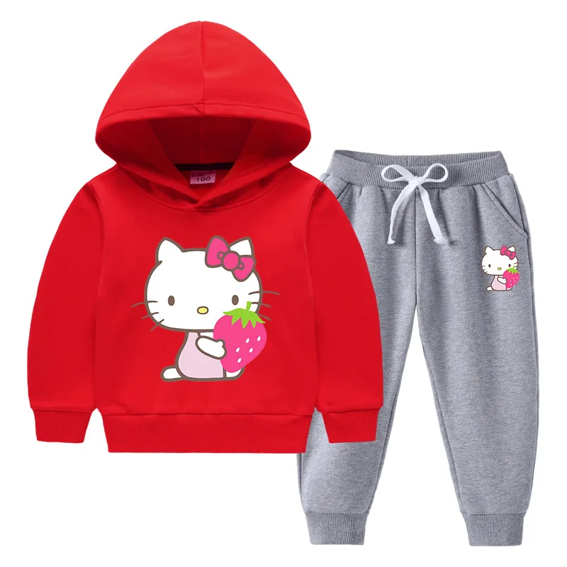 thumbnail image 1 of Conjunto de suéter con capucha con patrón de dibujos animados para niños de Hello Kitty, conjunto de suéter con capucha de algodón puro grueso, ropa deportiva y de ocio para niñas cálidas, 1 of 5