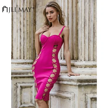 

JLI MAY Women Sexy Bandage Dress Solid Push Up Spaghetti Strap Patchwork Hollow Out Empire Slim Party Midi Dresses