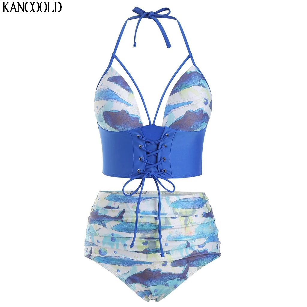 

KANCOOLD Two Piece Fish BLue Swimsuit Bikinis Set Summer Push Up Swimwear Women Female Bathing Suits Beach Wear Biquini