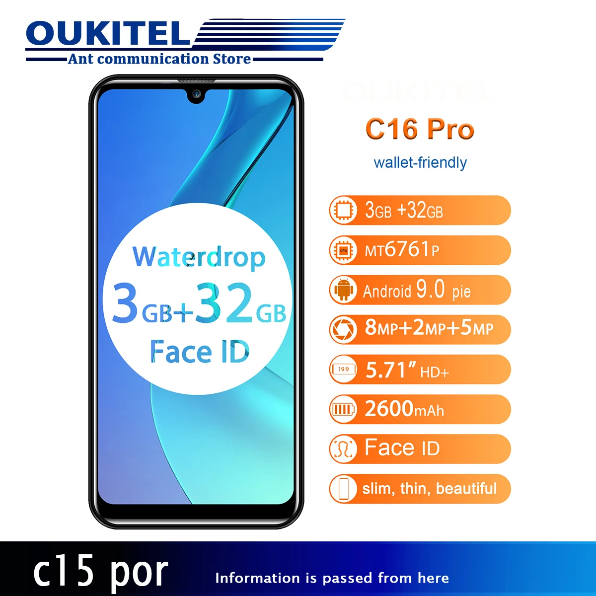 

OUKITEL C16 Pro 3GB 32GB Smartphone Fingerprint Face ID Waterdrop Screen 5V/1A 4G Mobile Phone 5.71'' Android 9.0 19:9 MT6761P