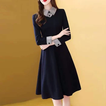 

XF Spring New Designer High Quality Commuter Office Royal Blue Dress Lapel Long Sleeve Slim Elegant Temperament Party Midi Dress