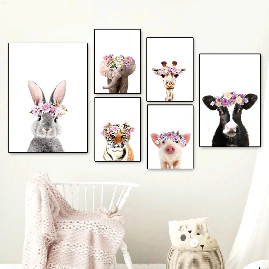 

Elephant Giraffe Tiger Rabbit Cow Pig Wall Art Print Canvas Painting Nordic Posters And Prints Wall Pictures For Kids Room Decor