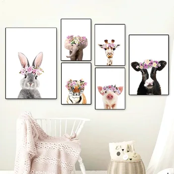 

Elephant Giraffe Tiger Rabbit Cow Pig Wall Art Print Canvas Painting Nordic Posters And Prints Wall Pictures For Kids Room Decor