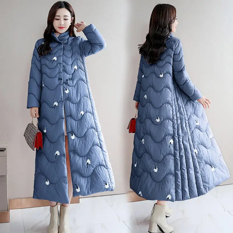 Зимняя длинная куртка женская элегантная вышитая пуховая хлопковая куртка Женская Стеганая Винтажная с длинным рукавом плюс размер 3XL зимняя куртка Q1855 - Цвет: Dark blue Parkas