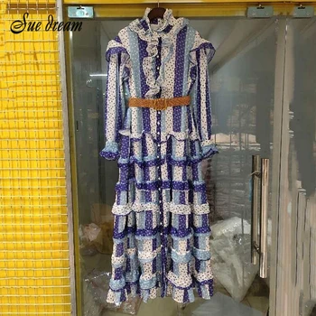

2020 New Women'S Stand Collar Long Sleeve Ruffled Dot Print Lace Belt Long Dress Bodycon Club Party Dress Vestido